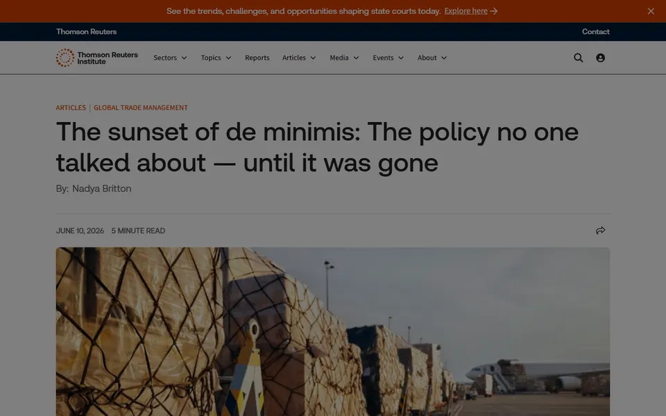 Thomson Reuters Institute article page titled Sunset of de minimis.